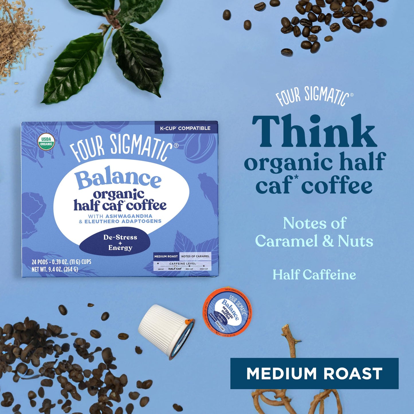 Four Sigmatic Adaptogen Coffee K-Cups | Organic Medium Roast Ground Coffee With Ashwagandha, Eleuthero, Chaga & Tulsi | Fair Tra