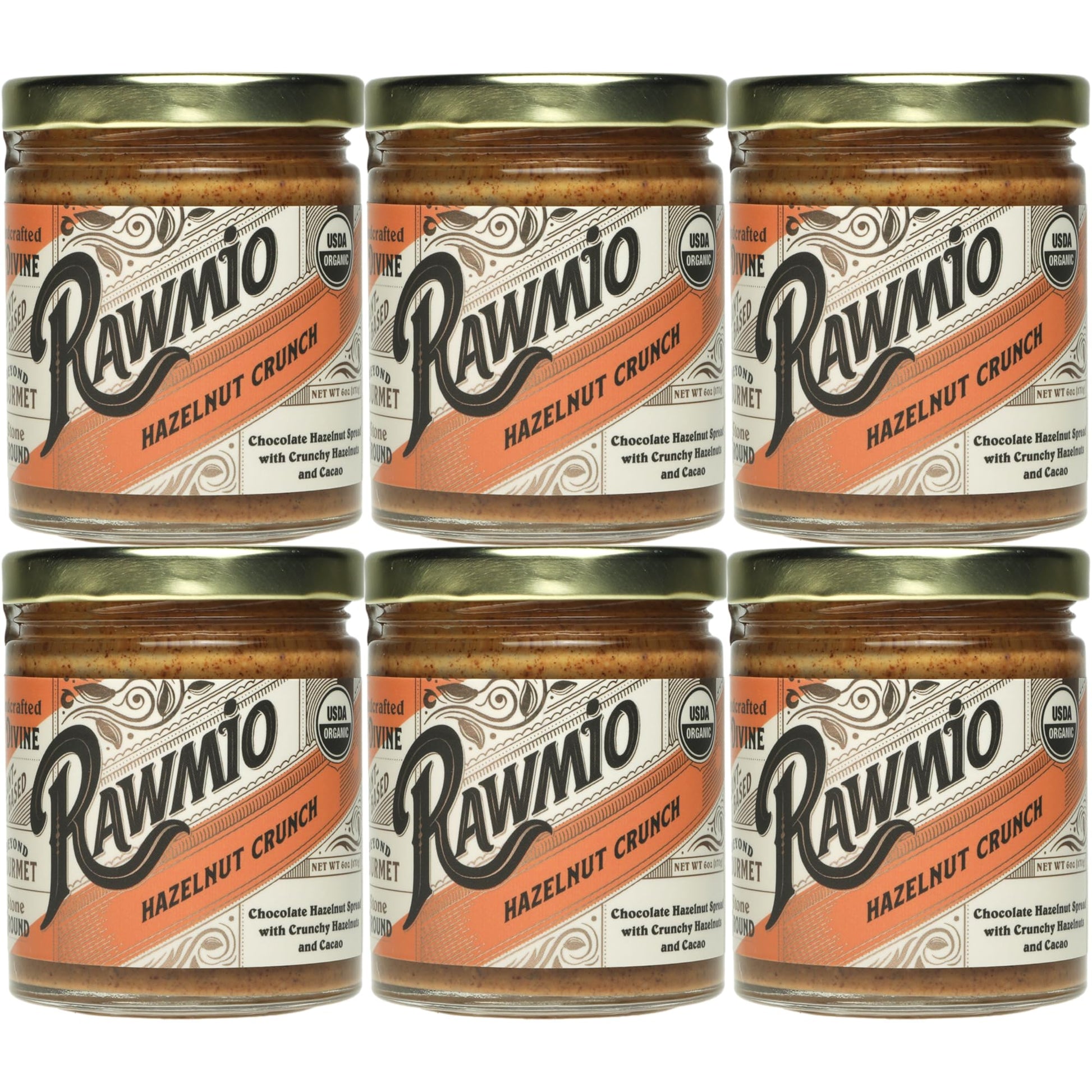 Rawmio Organic Hazelnut Crunch Spread, 6 oz. Pack of 6, 6 Serving per Jar - Raw, Organic, Vegan, Gluten-Free