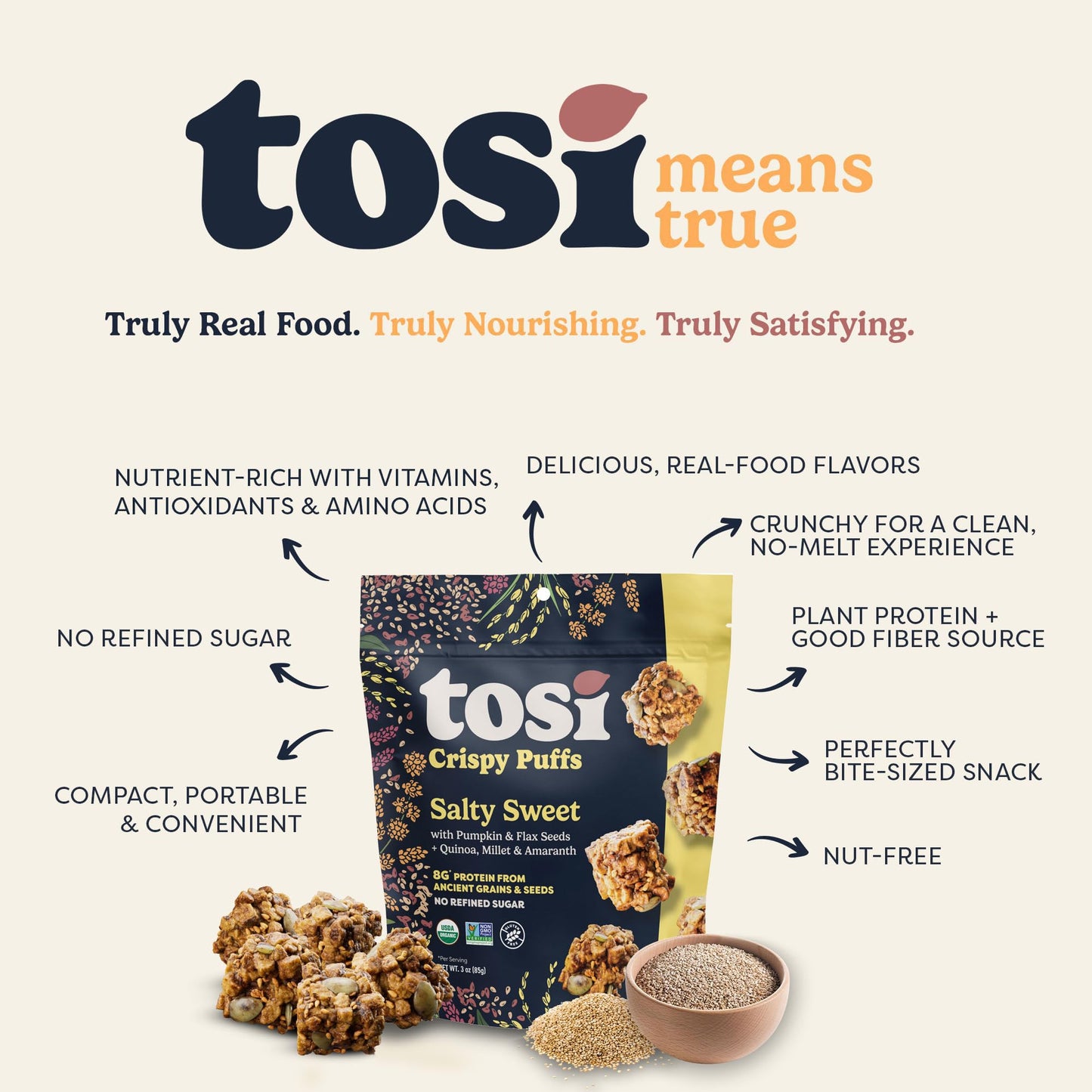 Tosi Crispy Puffs (3Oz, 4 Pack), Vegan Crunchy Snacks, 8G Plant Based Protein, Nut-Free, Allergen Friendly, Healthy Snacks For Mature-Themeds & Kids, Gluten Free  , Ancient Grains (Salty Sweet)