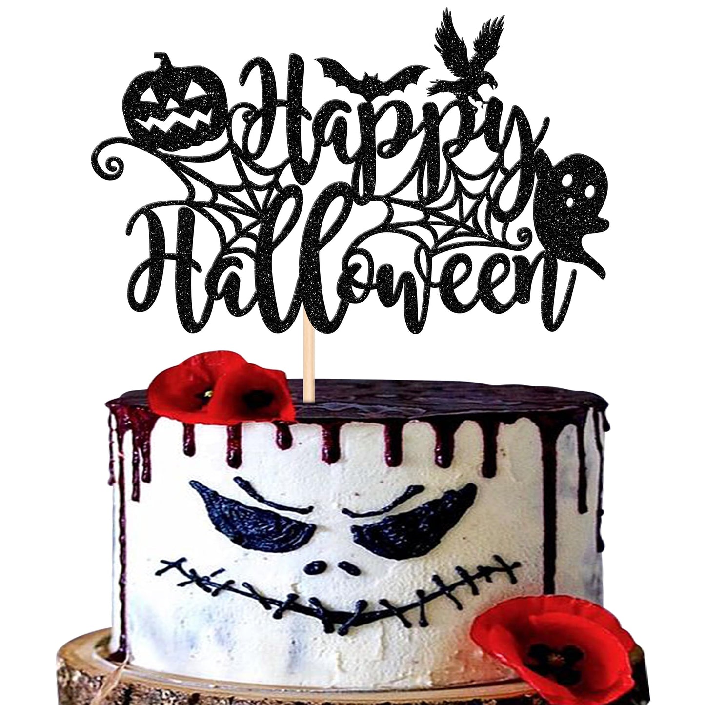 1 Pcs Happy Halloween Cake Topper Black Glitter Spider Web Pumpkin Bat Ghost Halloween Cake Pick Halloween Cake Decoration For H