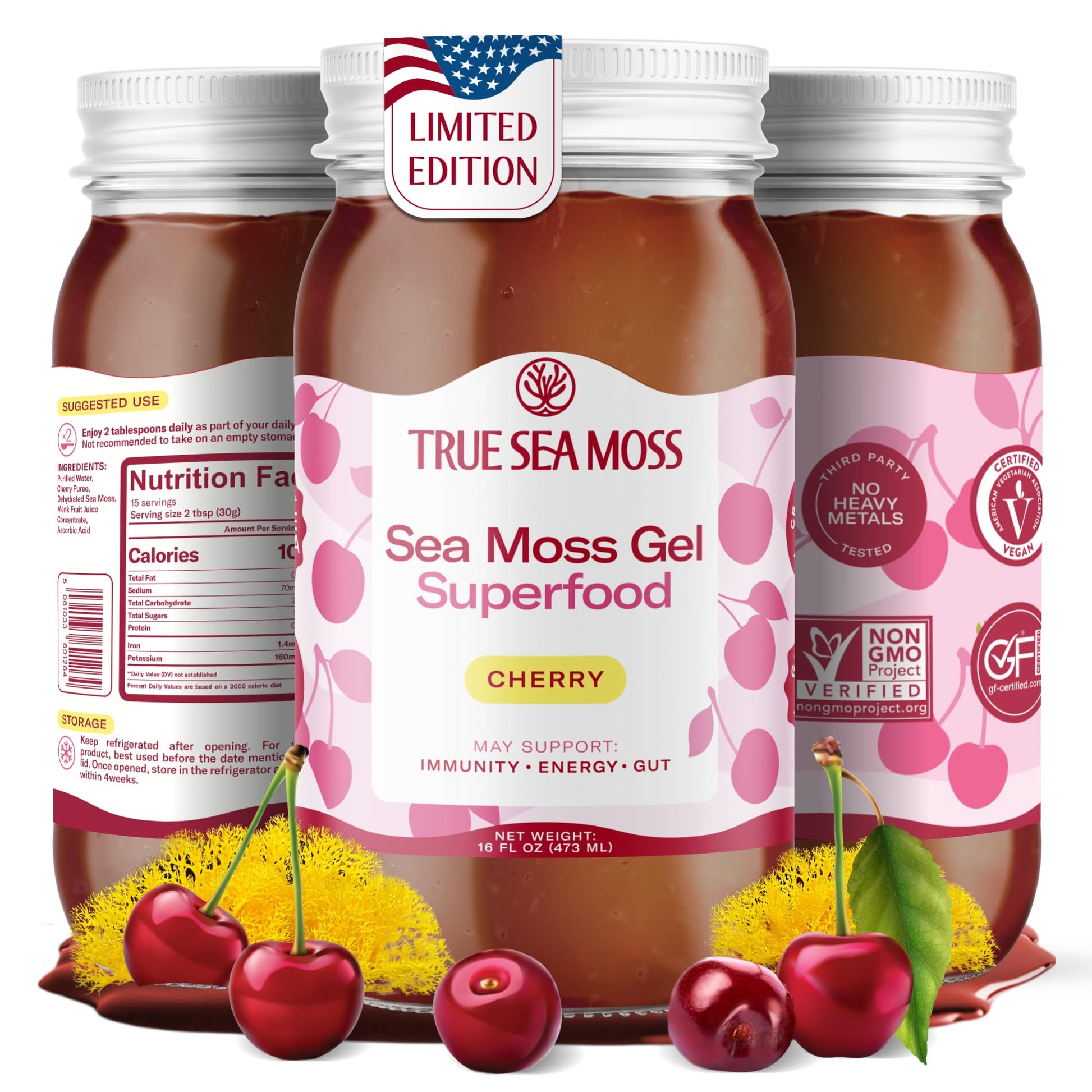 TrueSeaMoss Sea Moss Gel - Made in USA - Wildcrafted Seamoss, Fresh Fruits & Sea Vegetables - Cherry, Pack of 1 (Labels may Vary