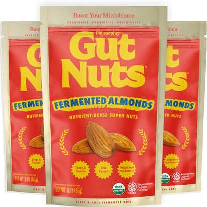 Philosopher Foods Gut Nuts - Fermented Almonds for Gut Health - Tangy, Umami, & Salty Flavors - Super Crunchy Low Carb Keto Snac