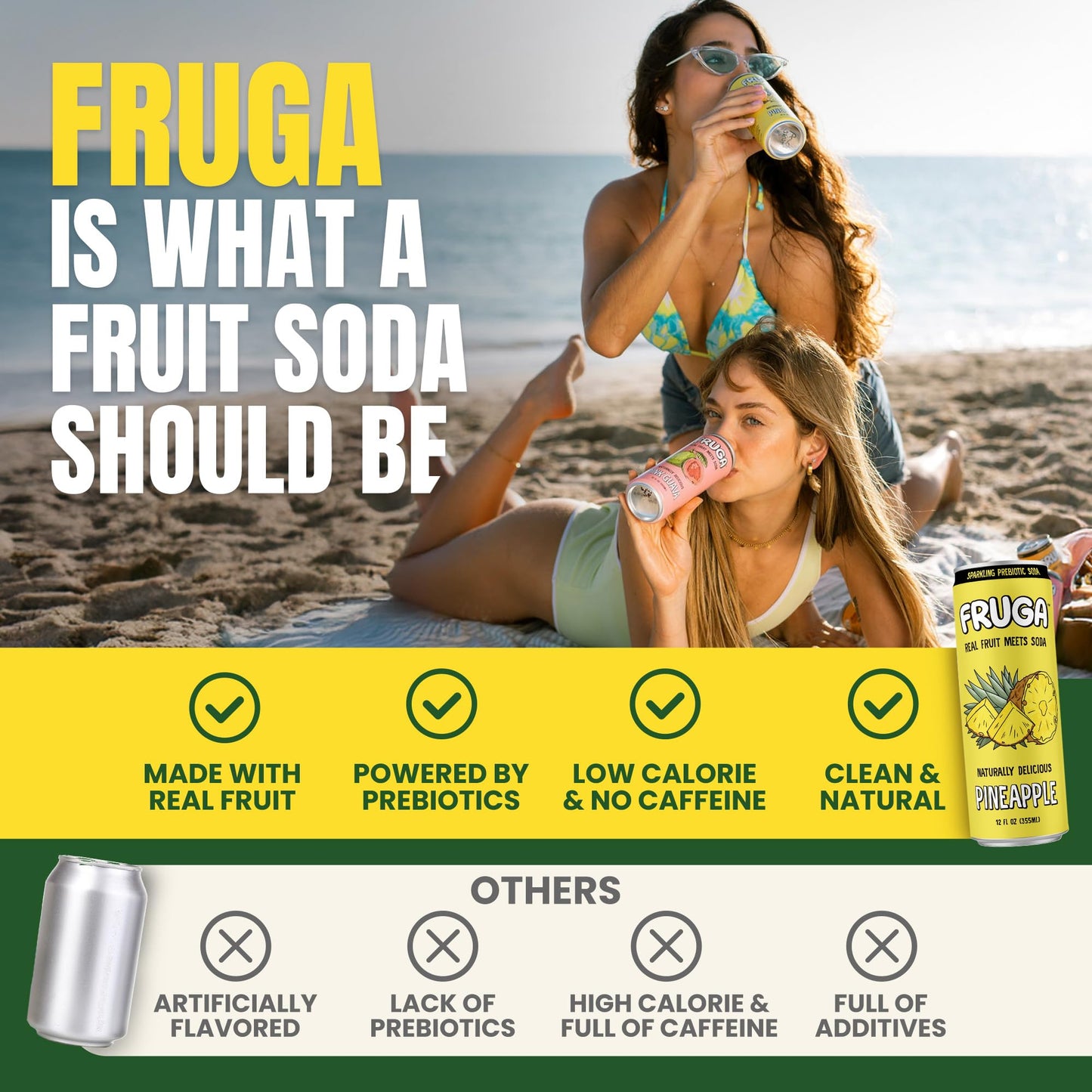 FRUGA Pineapple Sparkling Fruit Soda, Prebiotic, Low Calorie, 12 Fl Oz (Pack of 12)