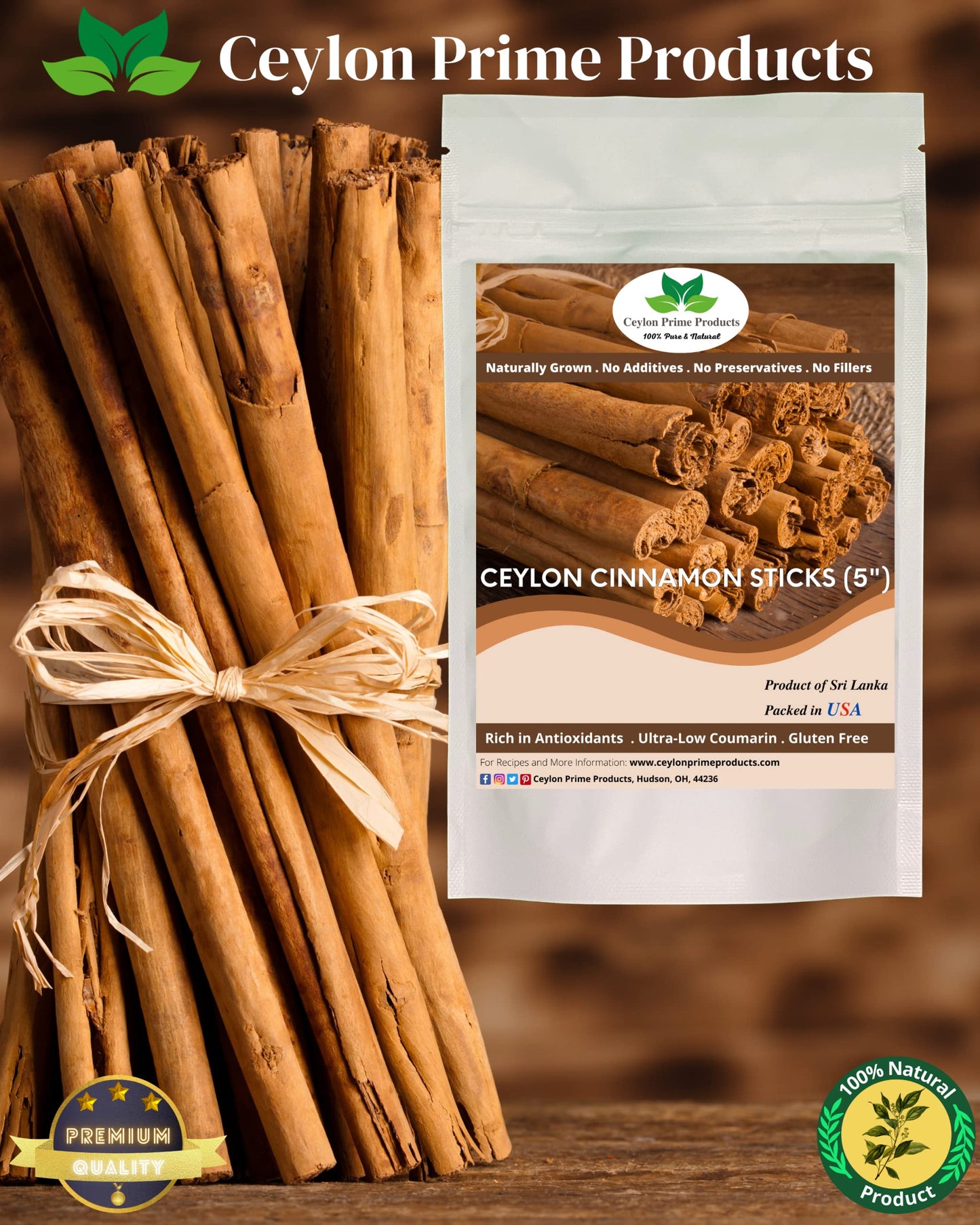 Ceylon Prime Products Ceylon Cinnamon Sticks, Premium Grade True Cinnamon, 1oz Resealable Bag