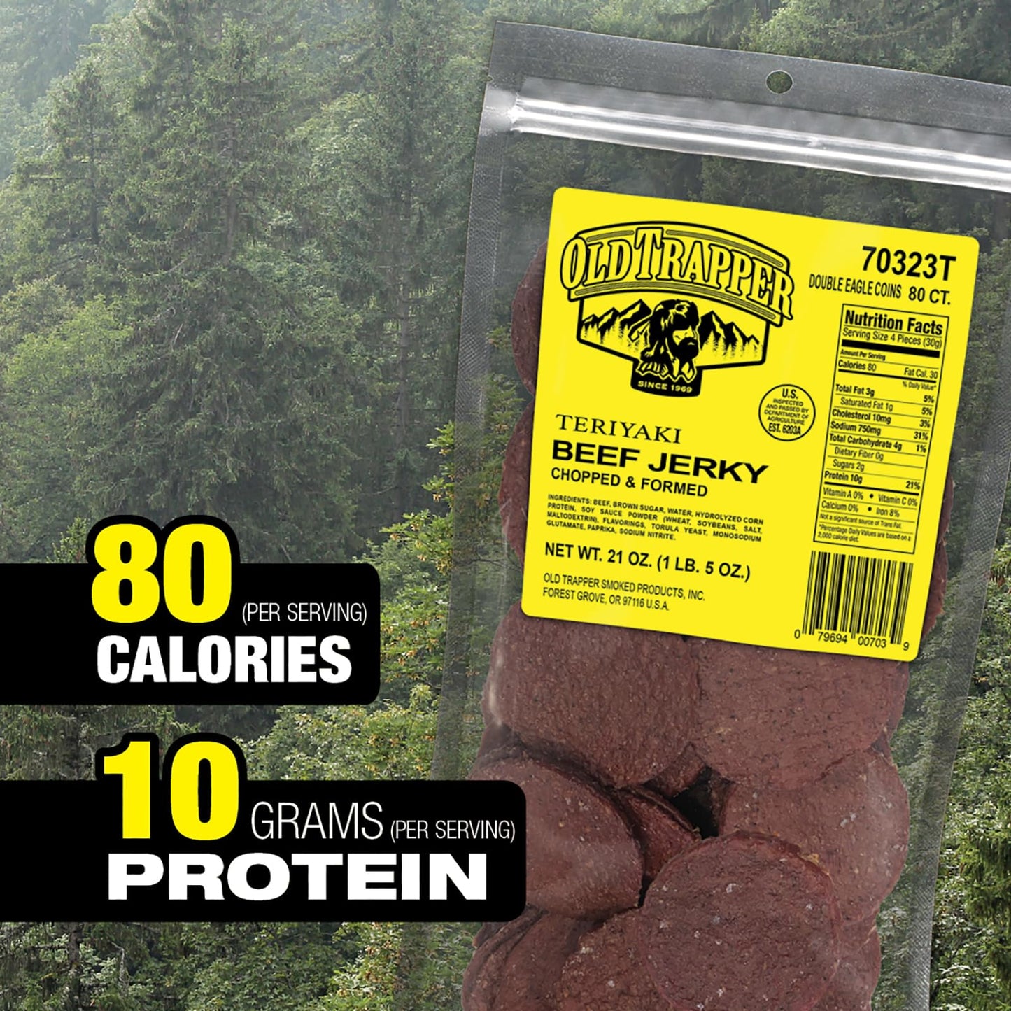 Old Trapper Beef Jerky, Teriyaki Flavor, 21oz, 80-Count Pack, Natural Wood Smoked, 10g Protein per Serving
