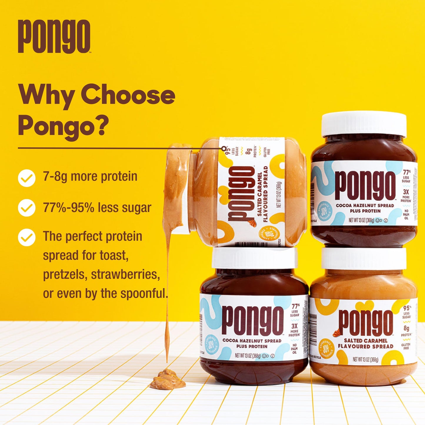 Pongo High Protein Cocoa Hazelnut Spread And Salted Caramel Sauce, Low Carb Low Sugar Gluten Free Keto-Friendly (2 Pack - 13 Oz