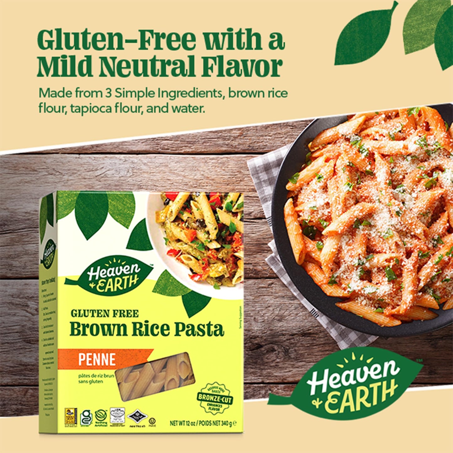Heaven & Earth Brown Rice Gluten Free Penne, 12Oz (3 Pack) | Whole Grain | Gluten Free Pasta | Amazing Texure - Tastes Like Regu