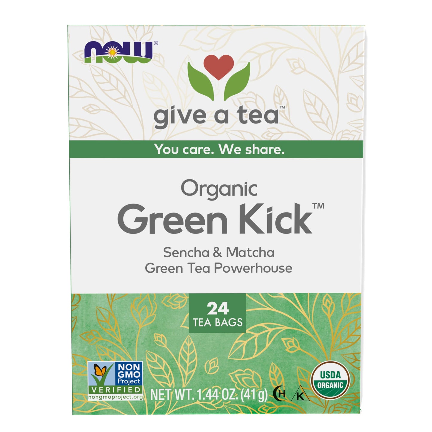 Now Foods, Certified Organic Green Kick Tea, With Polyphenols, Premium Unbleached Tea Bags With No-Staples Design, No Added Colo