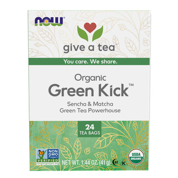 Now Foods, Certified Organic Green Kick Tea, With Polyphenols, Premium Unbleached Tea Bags With No-Staples Design, No Added Colo