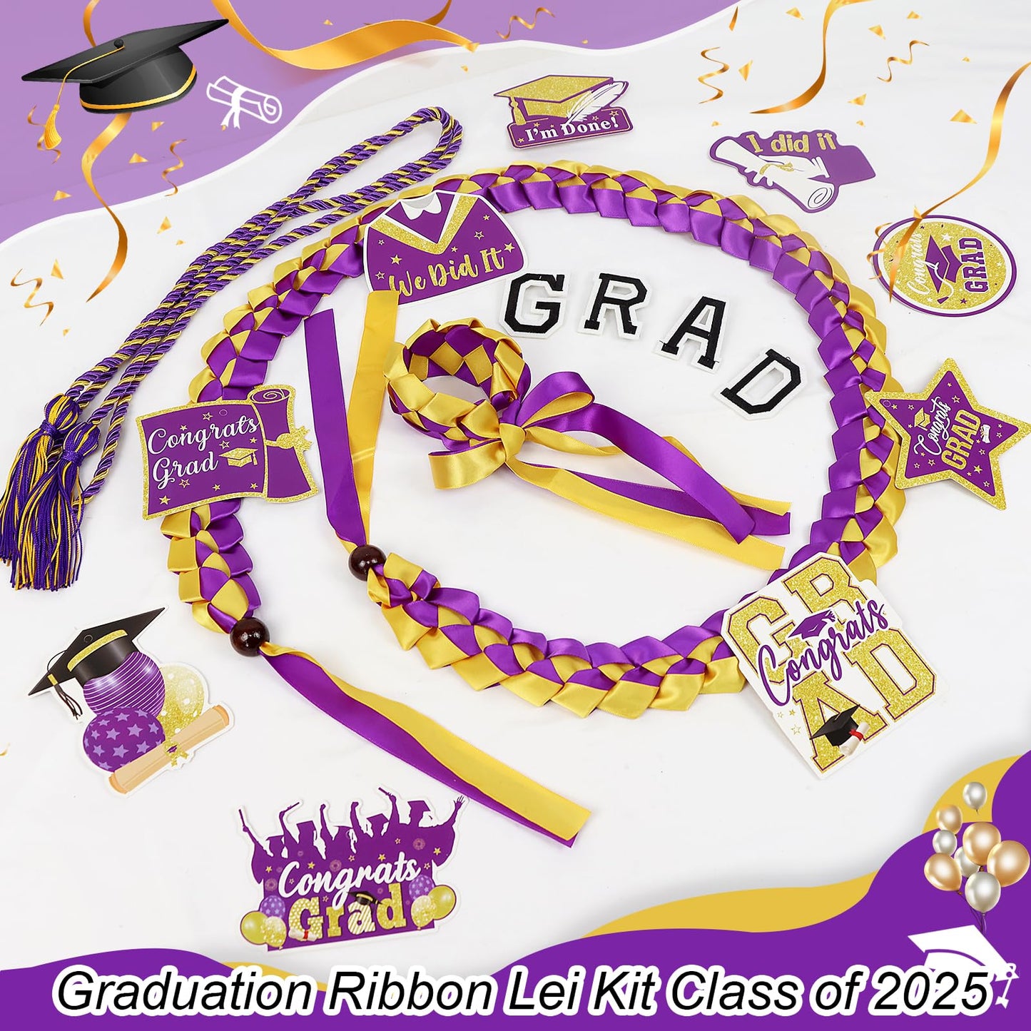 TKNOUS Graduation Ribbon Leis Kit, 10 Pcs Honor Cord, Purple Gold Candy Necklace, Class of 2025, Craft Supplies