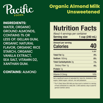 Pacific Foods Organic Unsweetened Almond Milk, Plant Based Milk, 32 Oz Carton