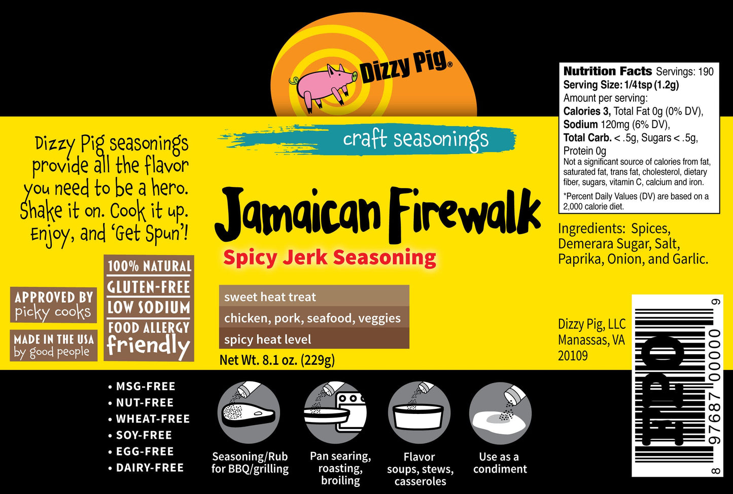 Dizzy Pig Jamaican Firewalk Spicy Jerk Seasoning Rub (8Oz Shaker) - Seasons 30+Lbs Of Food - Hand Made In The Usa - Msg Free, Gl