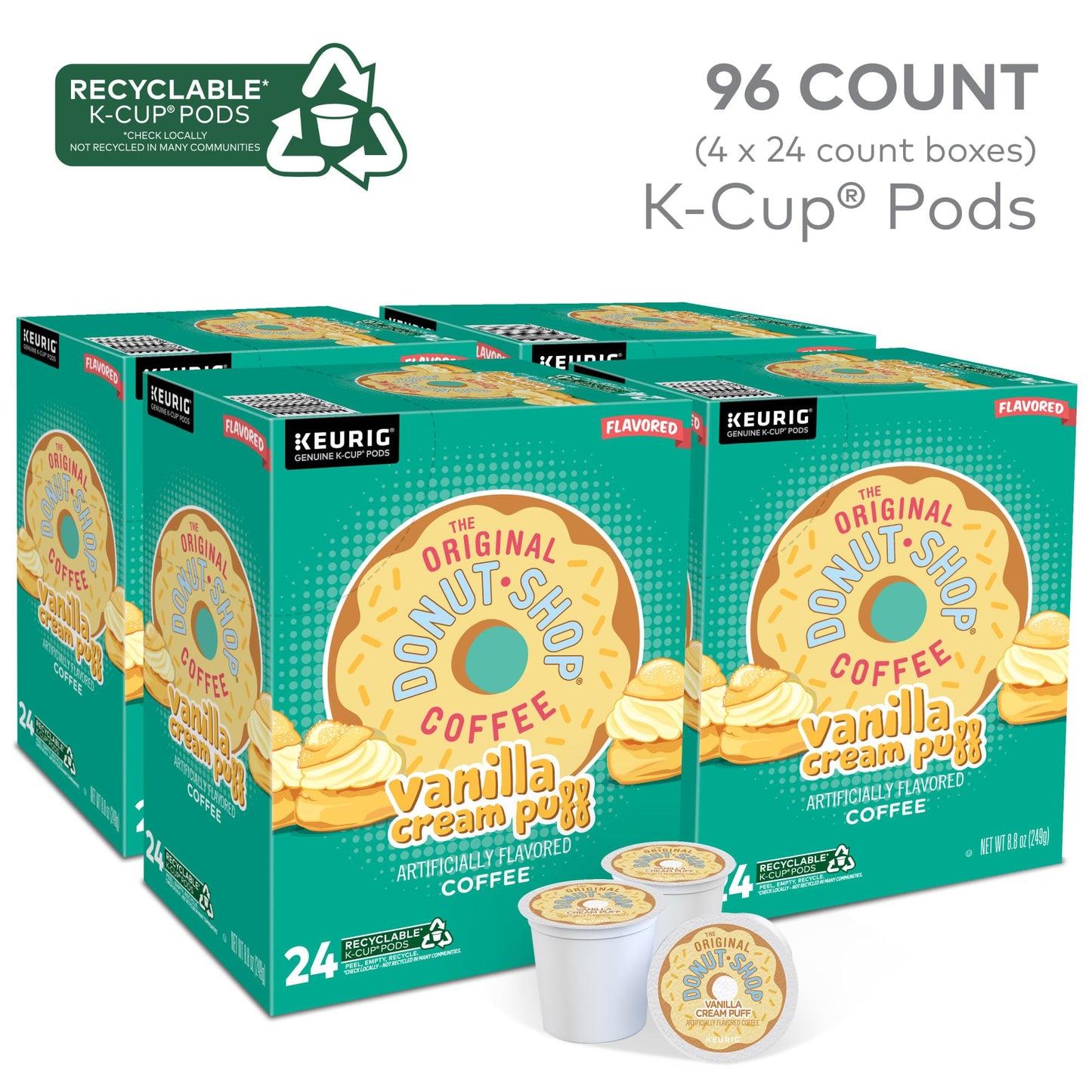 The Original Donut Shop Vanilla Cream Puff Coffee, Keurig Single Serve K-Cup Pods, Medium Roast, 96 Count (4 Packs Of 24)