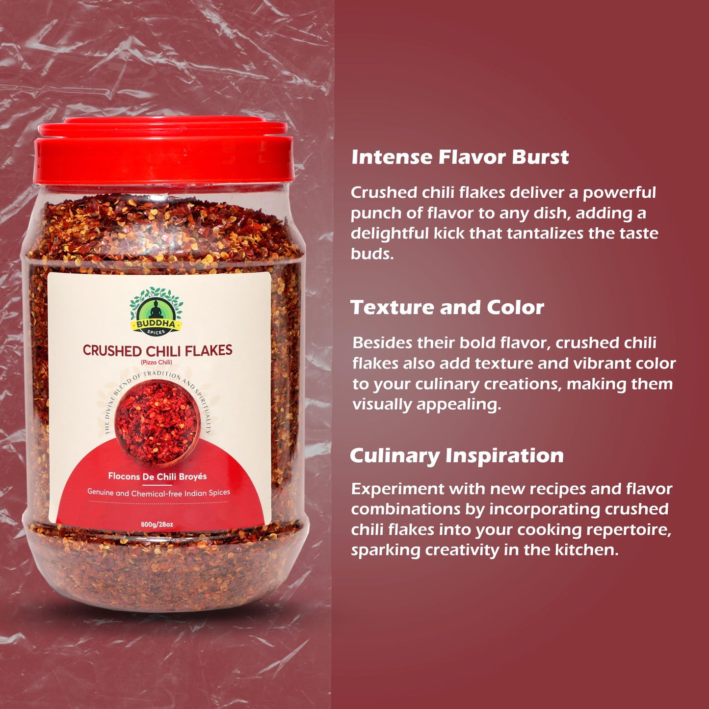 Buddha Spices Inc. Dried Red Chili Flakes - 800G (28 Oz) - Pizza Chili - All-Natural And - Convenient And Long-Lasting - Pure In