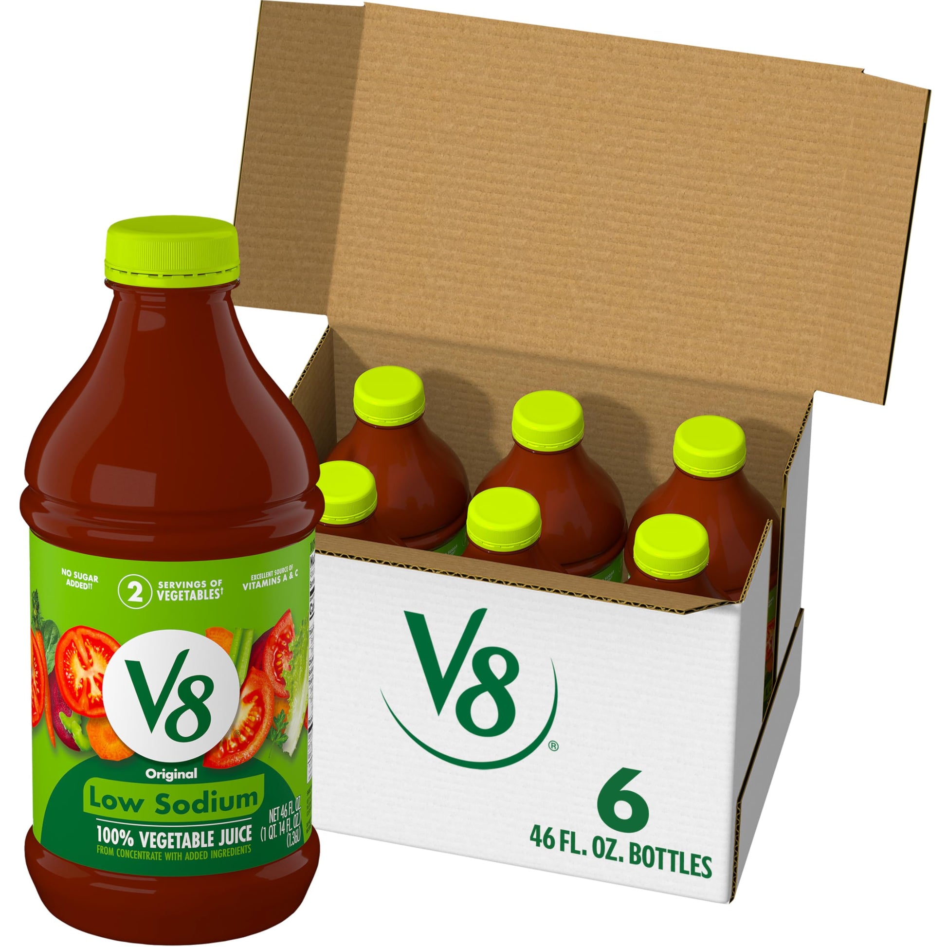V8 Low Sodium Original 100% Vegetable Juice, 46 fl oz Bottle (Case of 6)