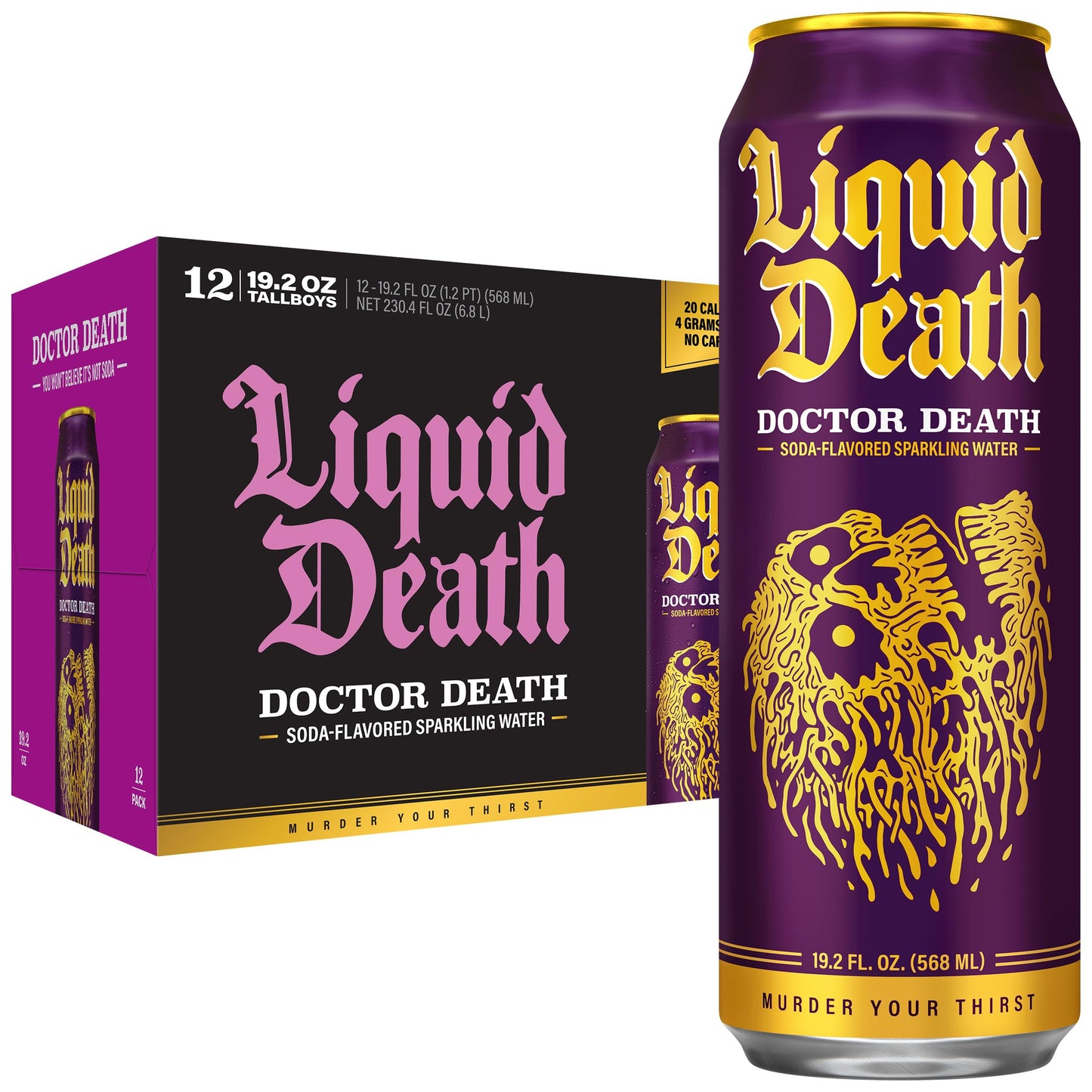 Liquid Death Soda-Flavored Sparkling Water - Doctor Death (Cherry  Cream  Spice)  Less Sugar*  Huge Flavor  No Energy Blend  No Artificial Sweeteners  King Size 19.2 Fl Oz (Pack Of 12)