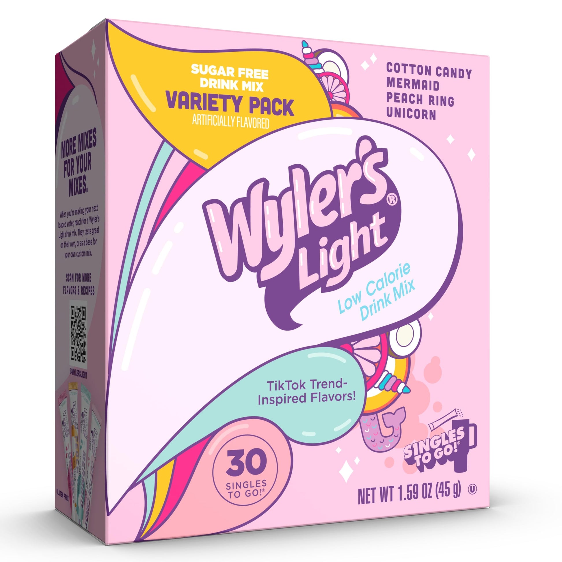 Wylers Light Singles To Go Water Drink Mix, 30 Sticks, V1 Fun Flavors Pack (Cotton Candy, Mermaid, Peach Ring, Unicorn), Sugar F