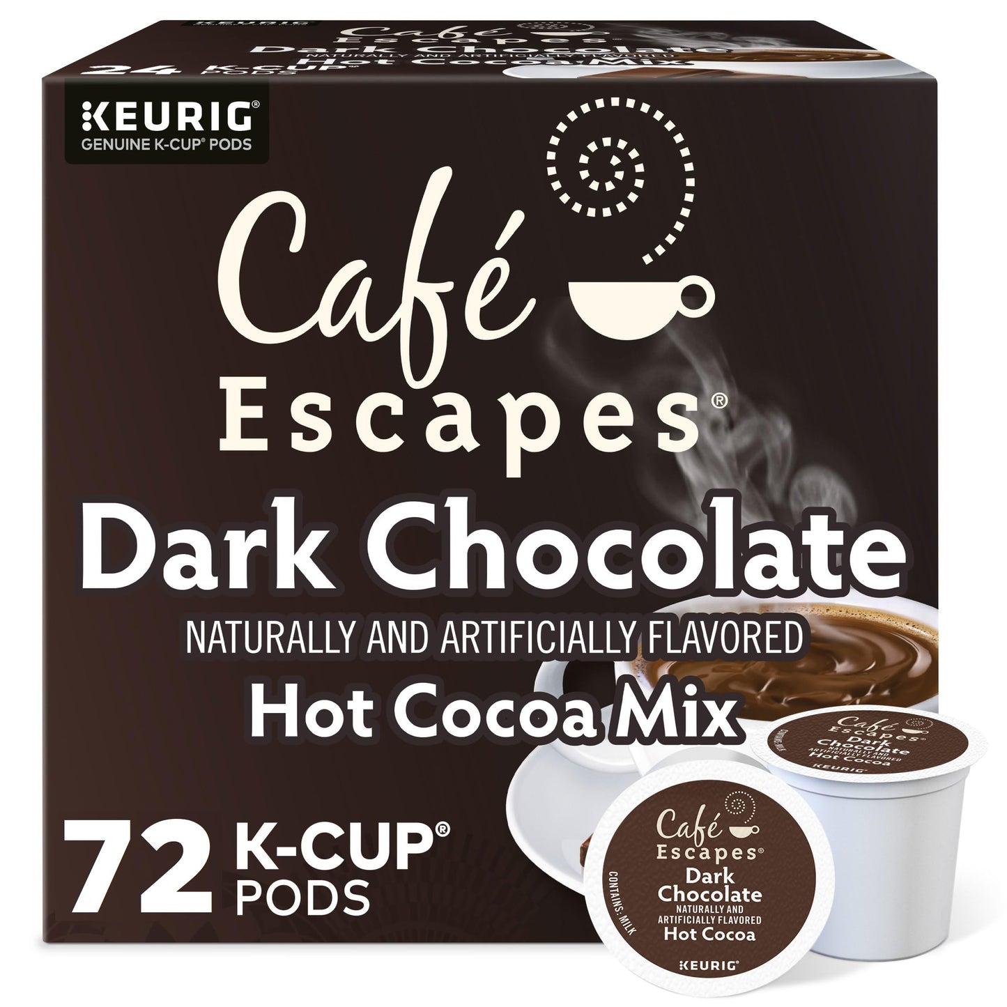 Café Escapes Dark Chocolate Hot Cocoa K-Cup Pods, 72 Count (3 Boxes of 24 Pods), Black