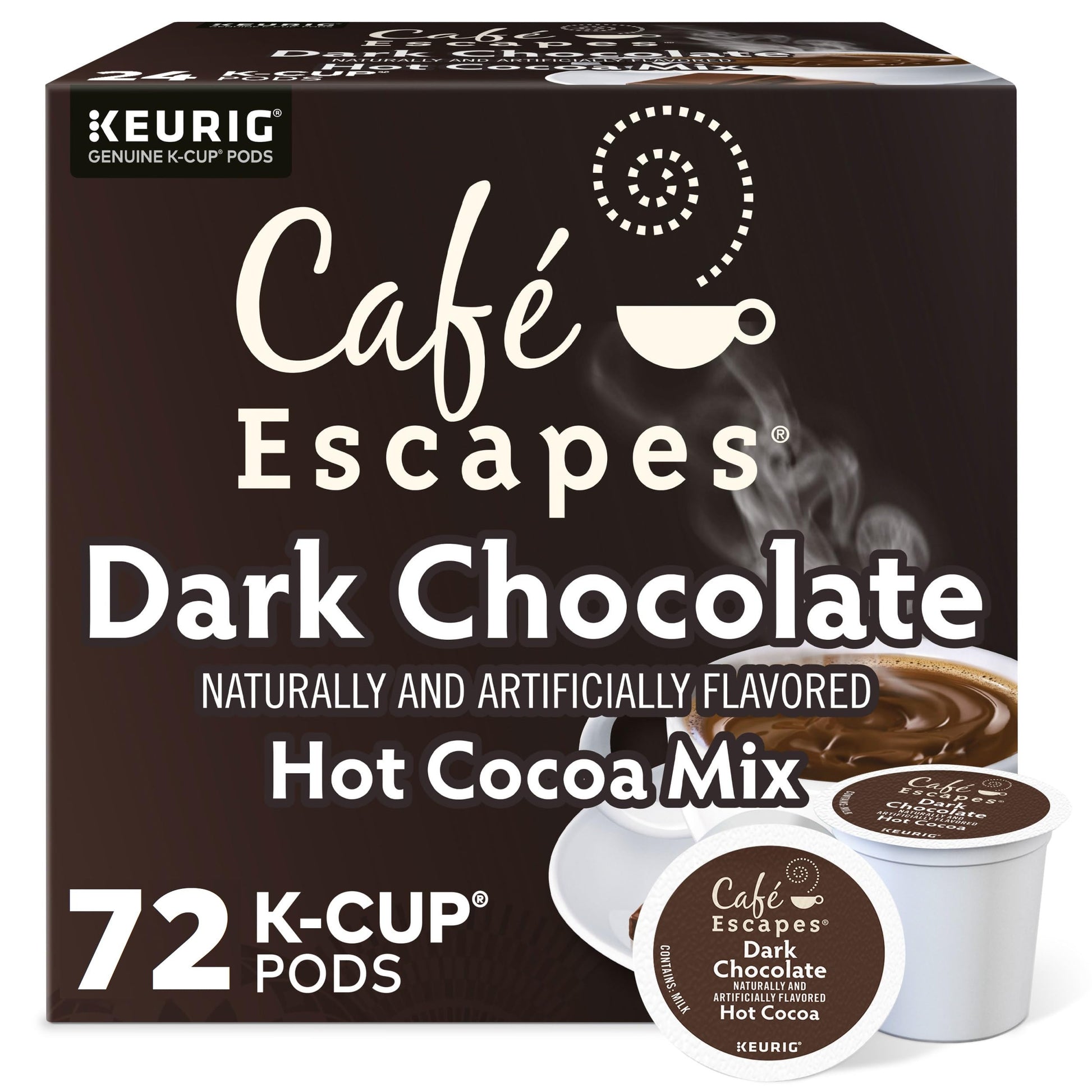 Café Escapes Dark Chocolate Hot Cocoa K-Cup Pods, 72 Count (3 Boxes of 24 Pods), Black
