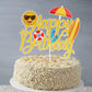 Summer Beach Happy Birthday Cake Topper Gold Glitter Summer Pool Swimming Surfing Party Decoration Summer Holiday Birthday Party