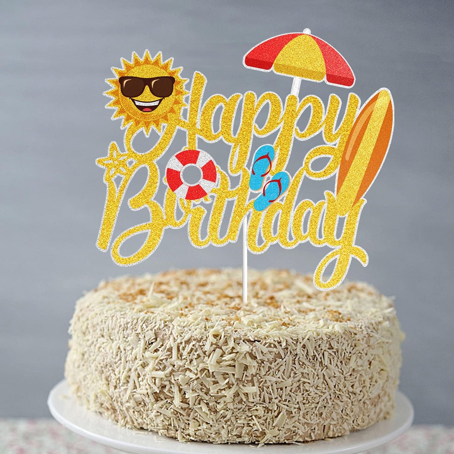 Summer Beach Happy Birthday Cake Topper Gold Glitter Summer Pool Swimming Surfing Party Decoration Summer Holiday Birthday Party
