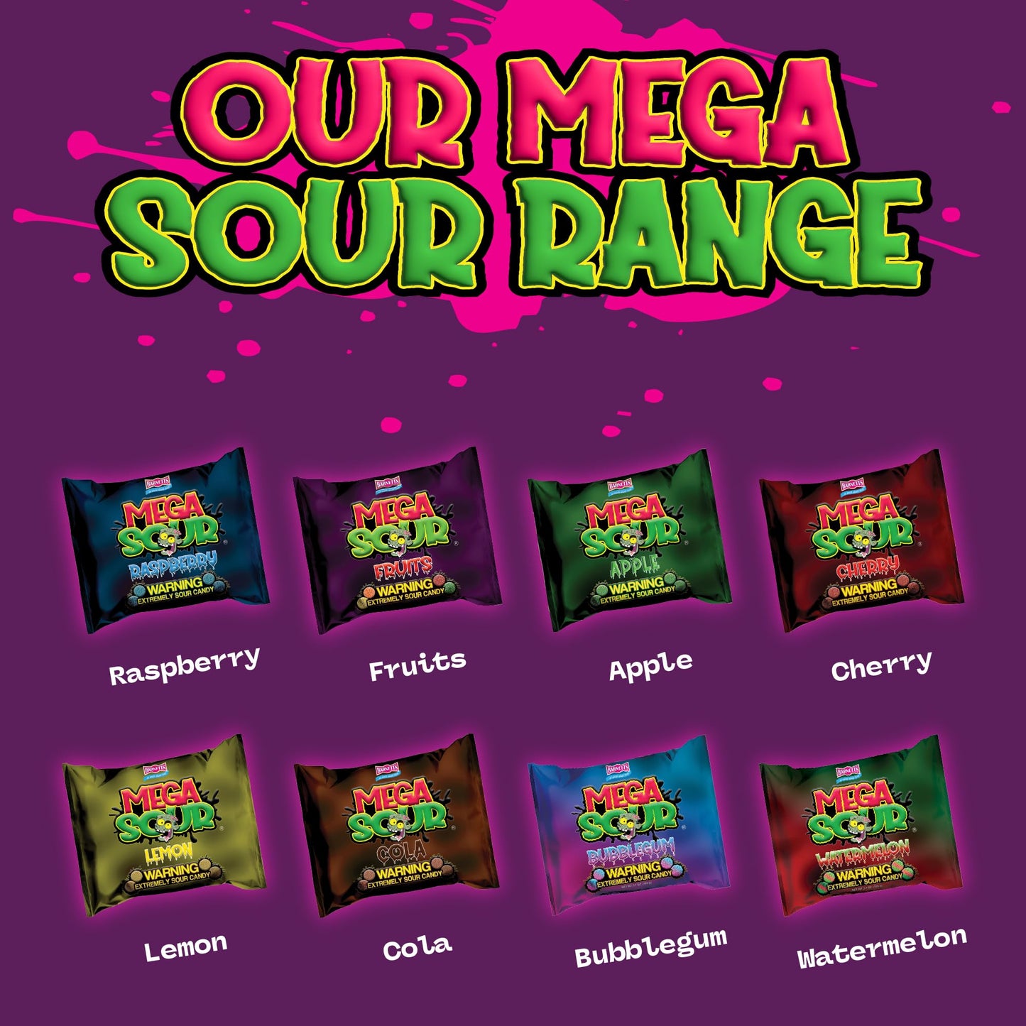 Barnetts Mega Sour Candy 4 Pack - Handmade British Sweets - Raspberry, Apple, Watermelon & Fruits - Party or Gift Treat (454g x