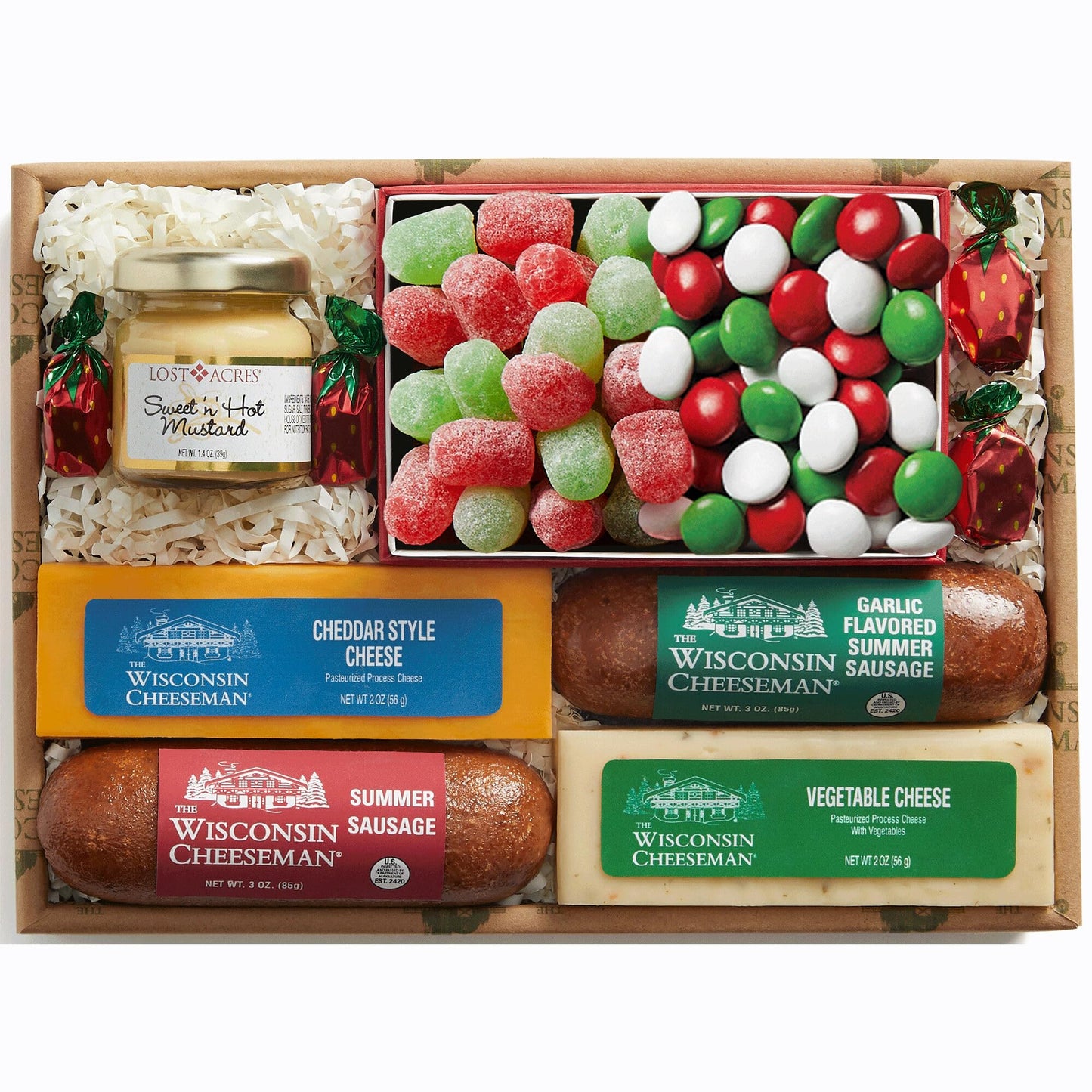 The Wisconsin Cheeseman 7-Piece Terrific Treats Assortment - Summer Sausage Meats and Cheeses Gift Basket with Mustard, Candies,