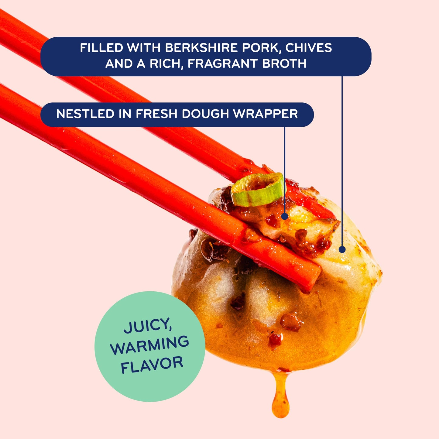 Laoban Dumplings?Pork Soup Frozen Dumplings?Berkshire Pork, Chives, Soy Sauce, Garlic, Carrots, Celery, Onion?Made from Scratch