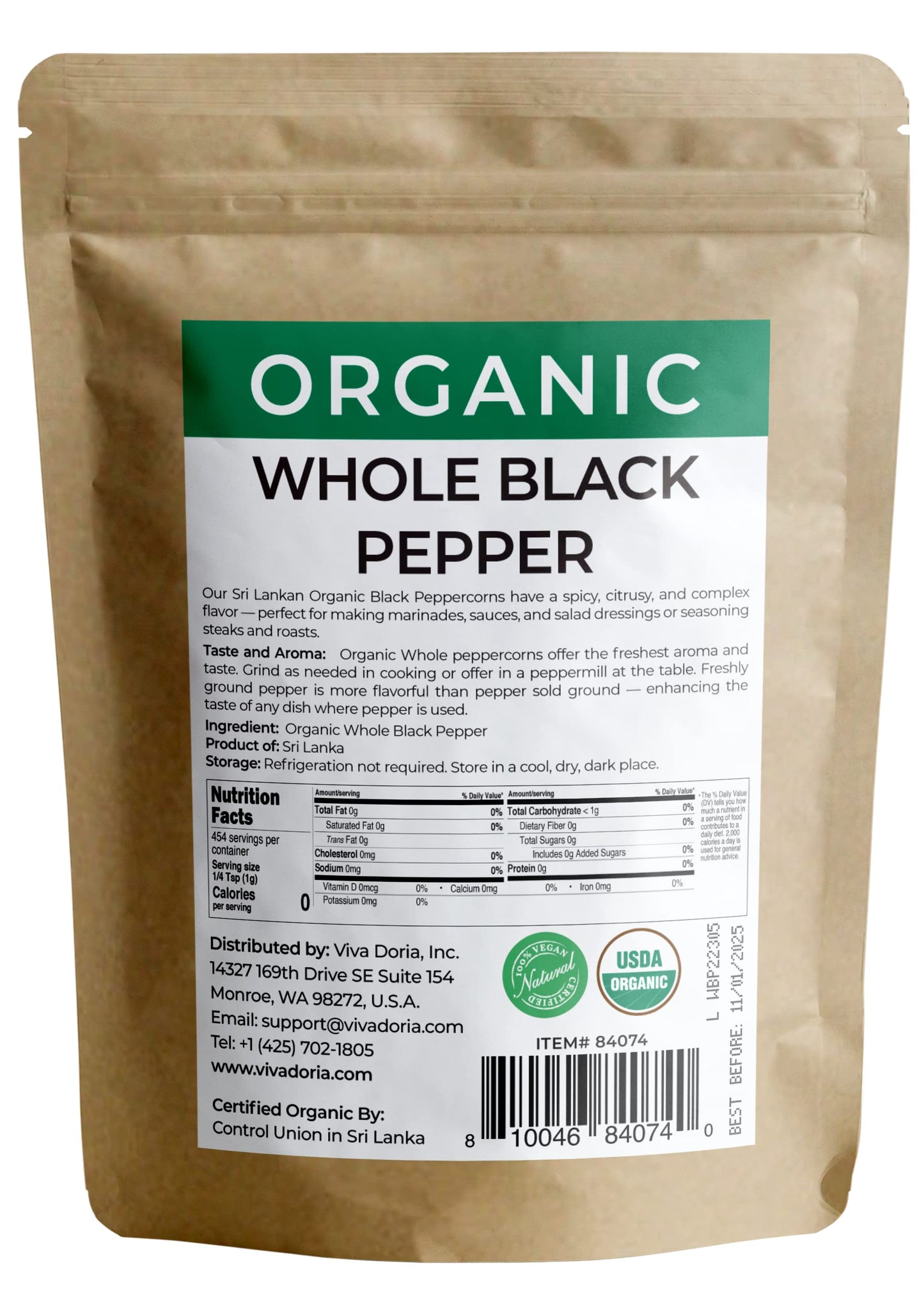 Viva Doria Organic Ceylon Whole Black Peppercorns, 16 oz, For Grinder Refills