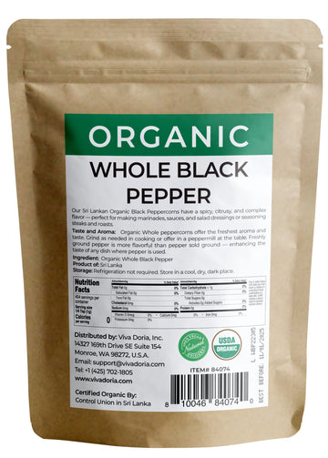 Viva Doria Organic Ceylon Whole Black Peppercorns, 16 oz, For Grinder Refills