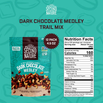 Second Nature Dark Chocolate Medley Trail Mix, 4.5 Oz. Resealable Pouch (Pack Of 12) - Certified Gluten-Free Snack Mix - Dark Ch