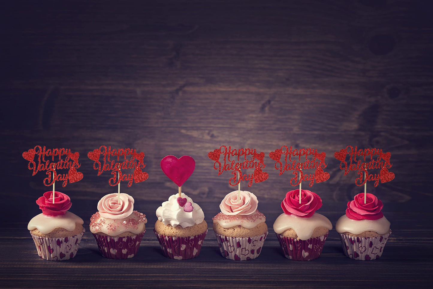 40Pcs Valentines Day Cupcake Toppers Decorations, Red Glitter Happy Valentines Day Cupcake Toppers For Valentine'S Day Decoratio