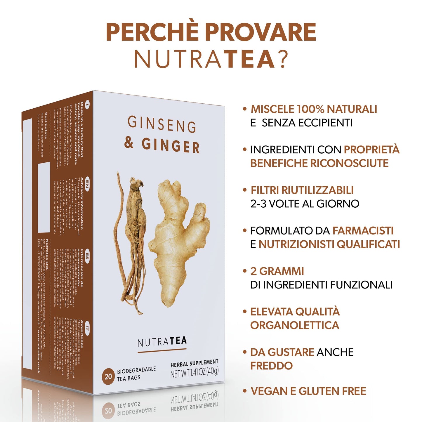 Nutra Tea Ginger & Ginseng Herbal Tea - 20 Count Tea Bags - Immune Support & Wellness Blend