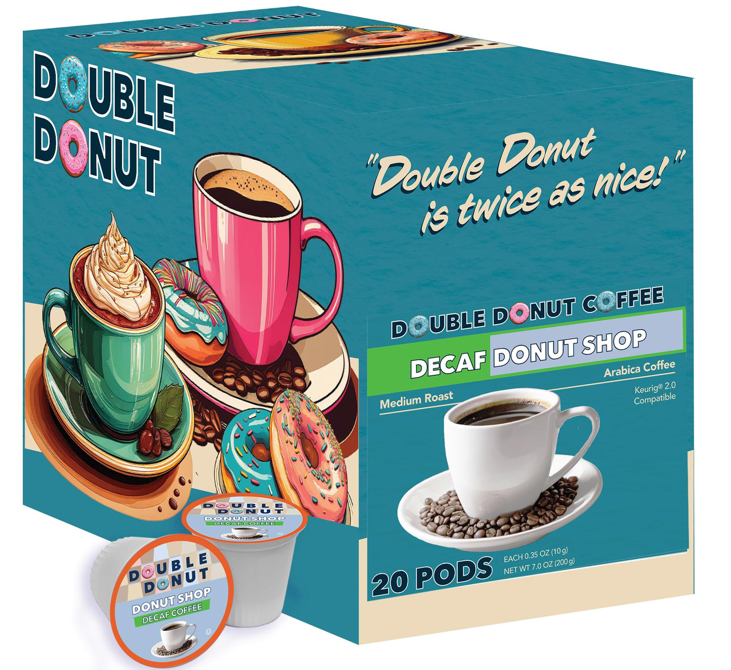 Double Donut Coffee Decaf Coffee Pods, Medium Roast, Single-Serve for Keurig, 20 Count