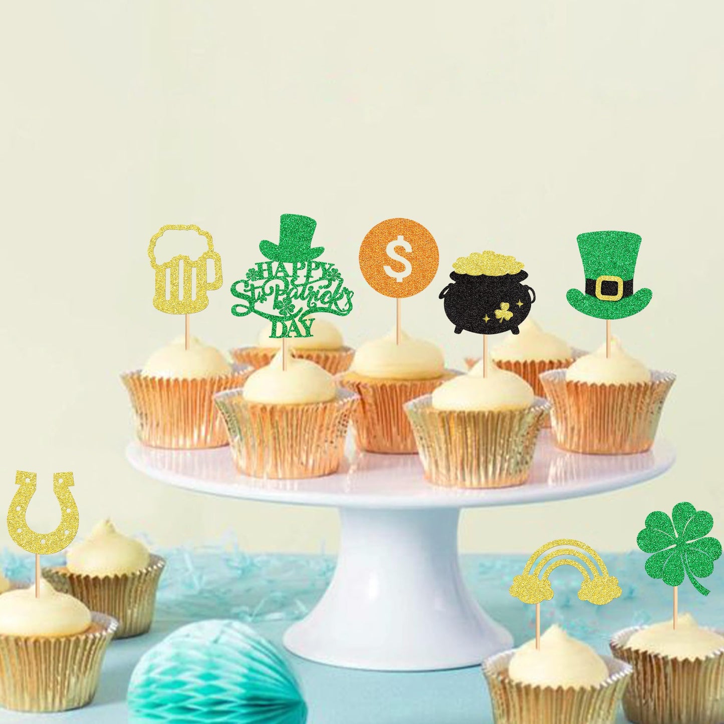 Ercadio St. Patricks Day Cupcake Toppers, Glitter Shamrock Picks, Green Hat Design, 24 Pack, Paper