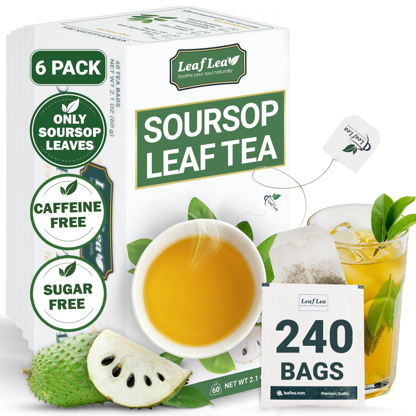 Leaflea 240 Top-Grade Soursop Leaf Tea Bags  100% Dried Soursop Graviola Leaves With A Smooth  Earthy Flavor  Hoja Guanabana Leaf Herbal Tea Bags For Natural Digestion Support  No Energy Blend  Sugar-Free