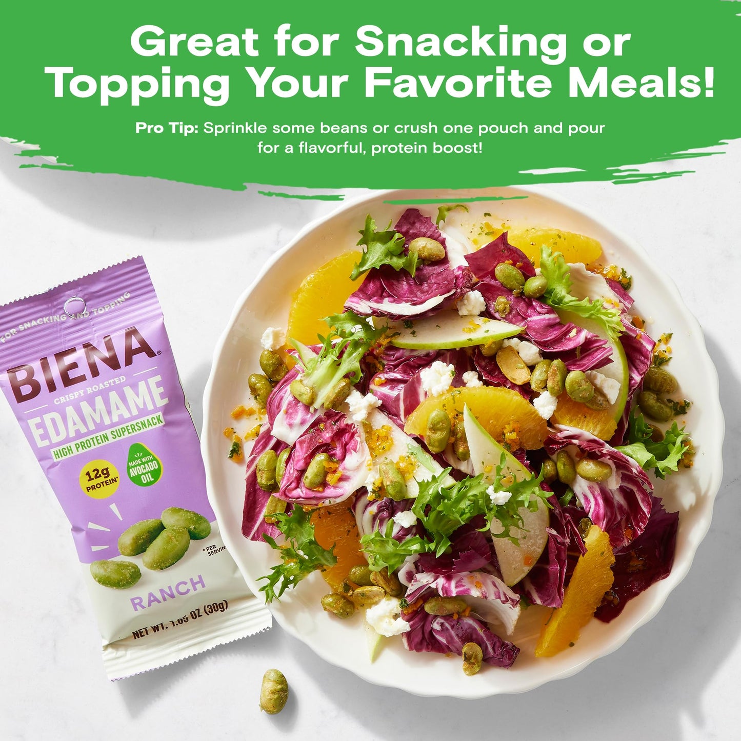 Biena Crispy Roasted Edamame Beans Snack - High Protein Low Carb Snack for mature-themeds & Kids  12g Protein per Serving - Made w/Avocado Oil - Vegan  Gluten-Free - 10-Pack  1.05oz Bags  Ranch