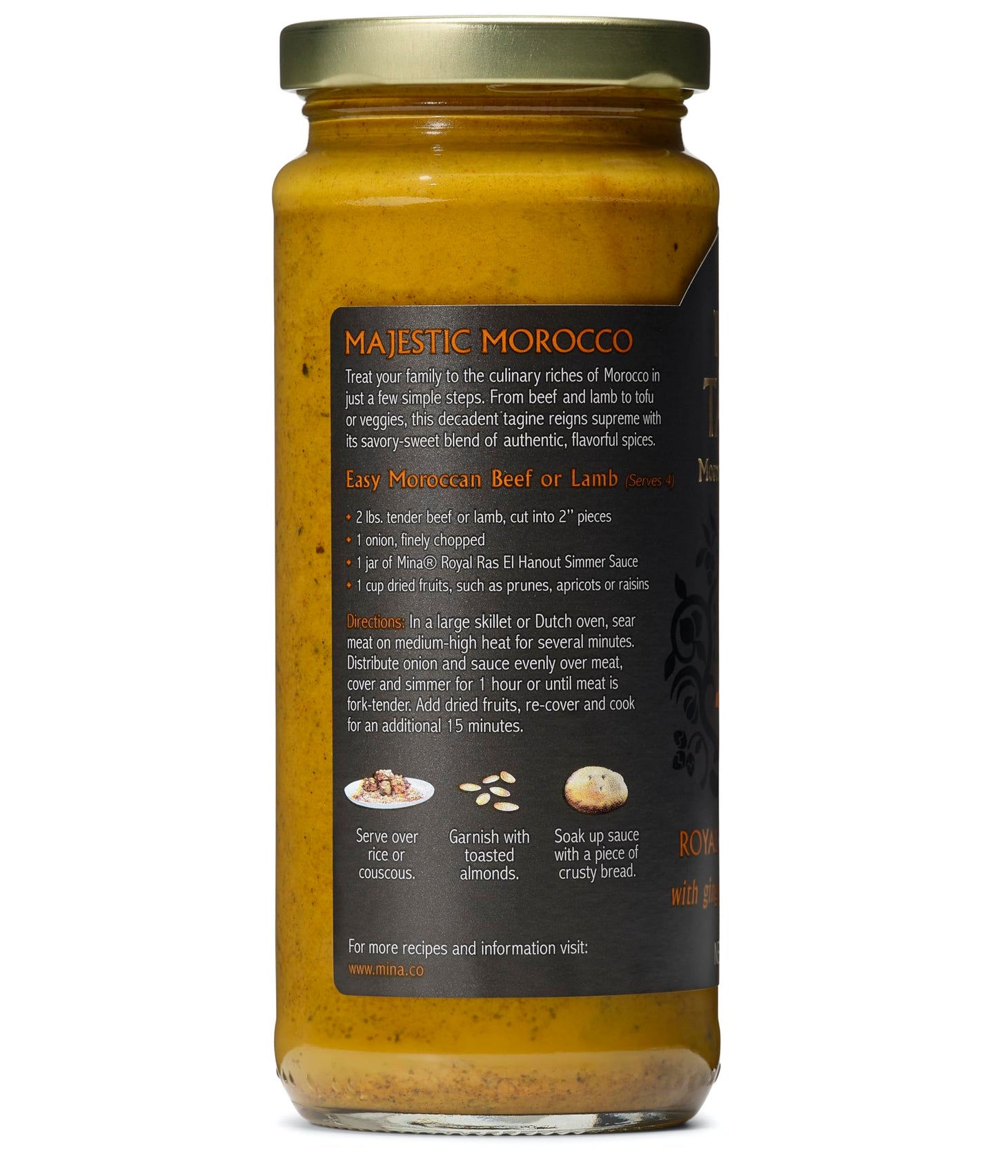 Mina Tagine Moroccan Simmer Sauce, 12 Oz - Royal Ras El Hanout Spice Blend For Beef & Lamb, Tagine Sauce Made With Ginger, Cinnamon, Saffron, Olive Oil, Non-Gmo, Gluten Free