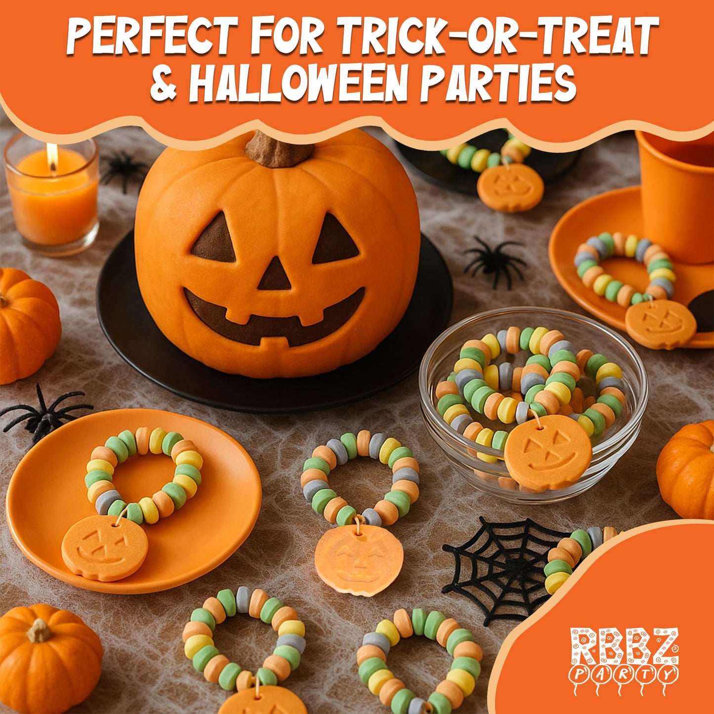 Pumpkin Candy Bracelets - 24 Thanksgiving Themed Snacks - Individually Wrapped Bulk Candy - Fall Goodies - Class Treats & Kids P