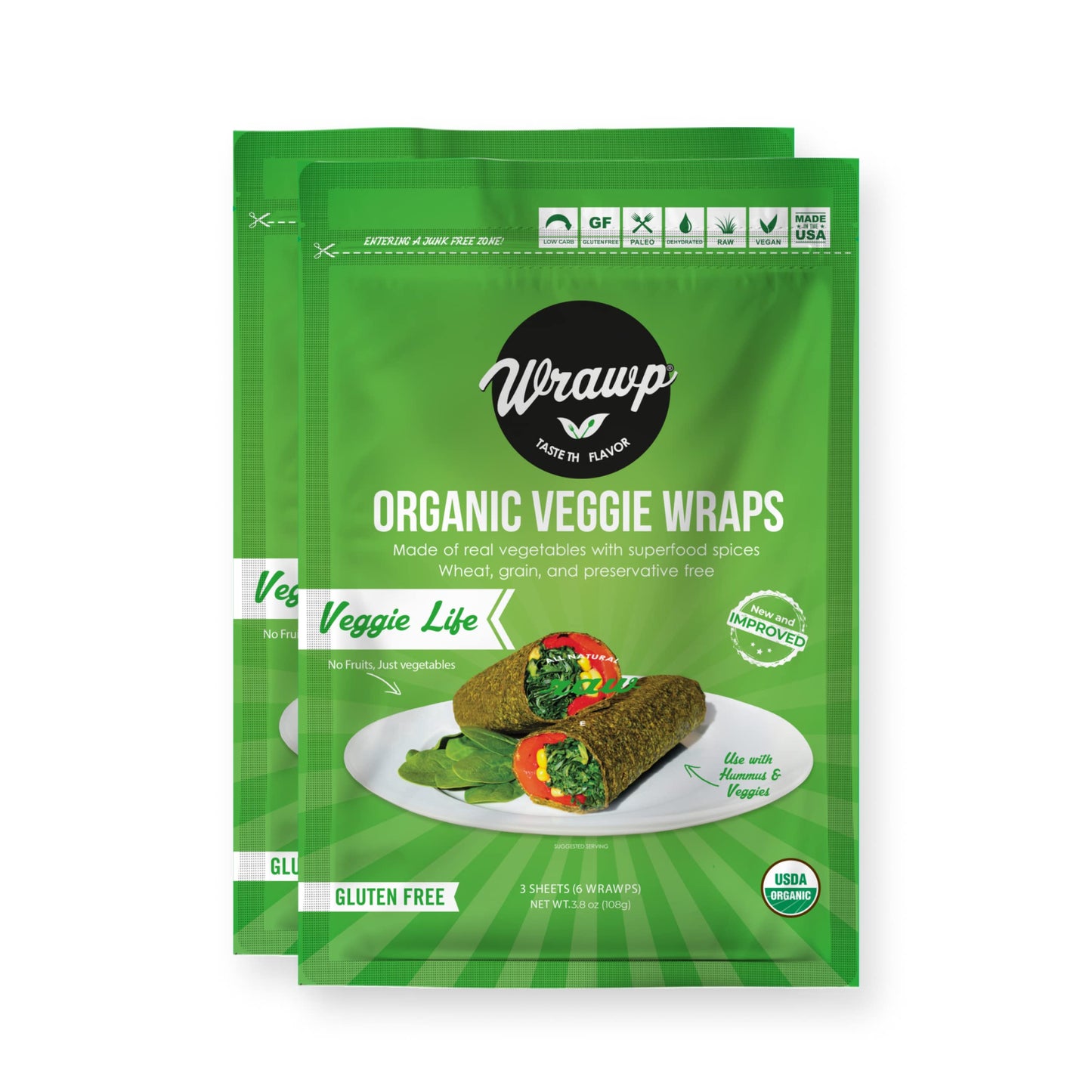 Wrawp Organic Veggie Wraps - Gluten Free, Paleo, Raw Vegan, 2 Pack, 3.8 Ounce