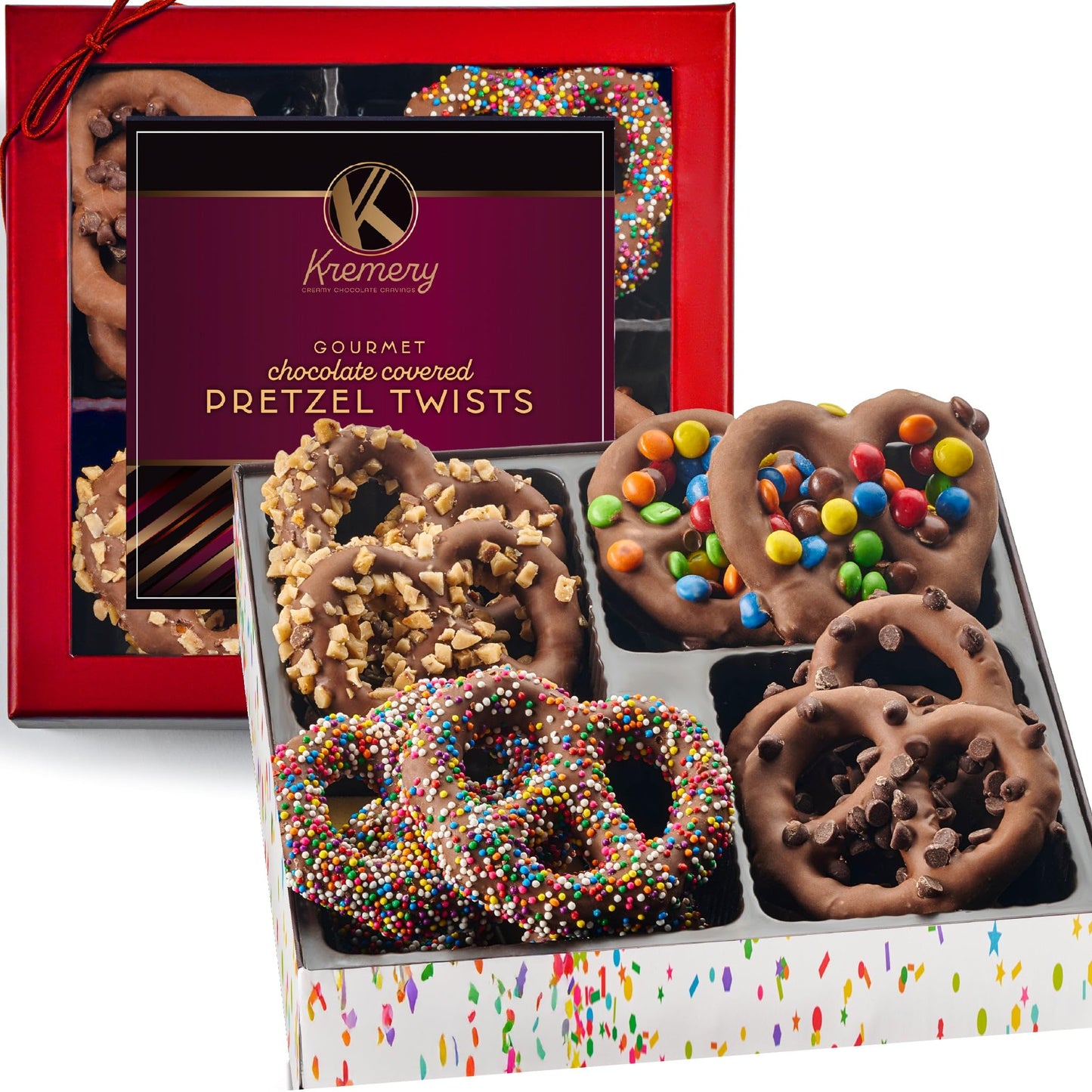 Kremery Creamy Chocolate Cravings - Valentines Day Chocolate Covered Pretzel Twists Gift Basket  In Confetti Gift Box (12 Pretzels  Assorted Sweet Toppings) Xmas Treats Food Arrangement  Kosher