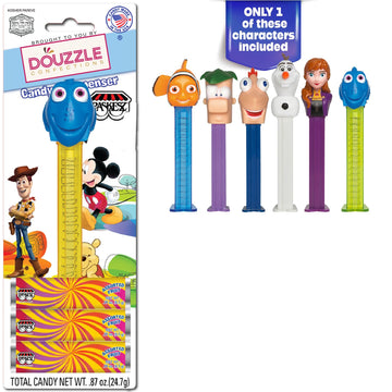 DOUzzle Kosher Pez Candy & Disney Pixar Dispenser + 3 Assorted Fruit Refills (Pack of 1) Gluten Free, Kosher Parve, USA Made