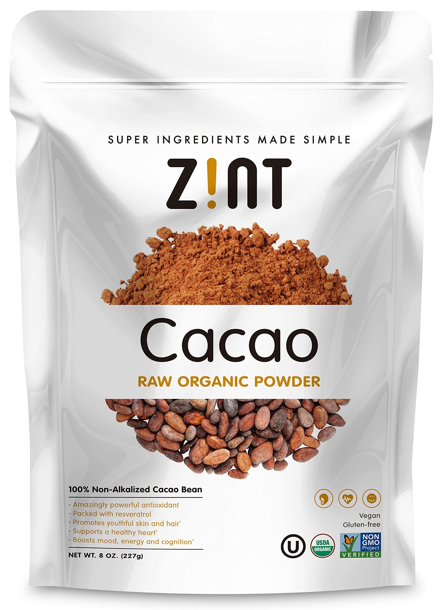 Zint Organic Cacao Powder (8 oz): Paleo-Certified, Organic, Non GMO, Anti Aging Antioxidant Superfood, Gluten Free Cocoa Cacao B