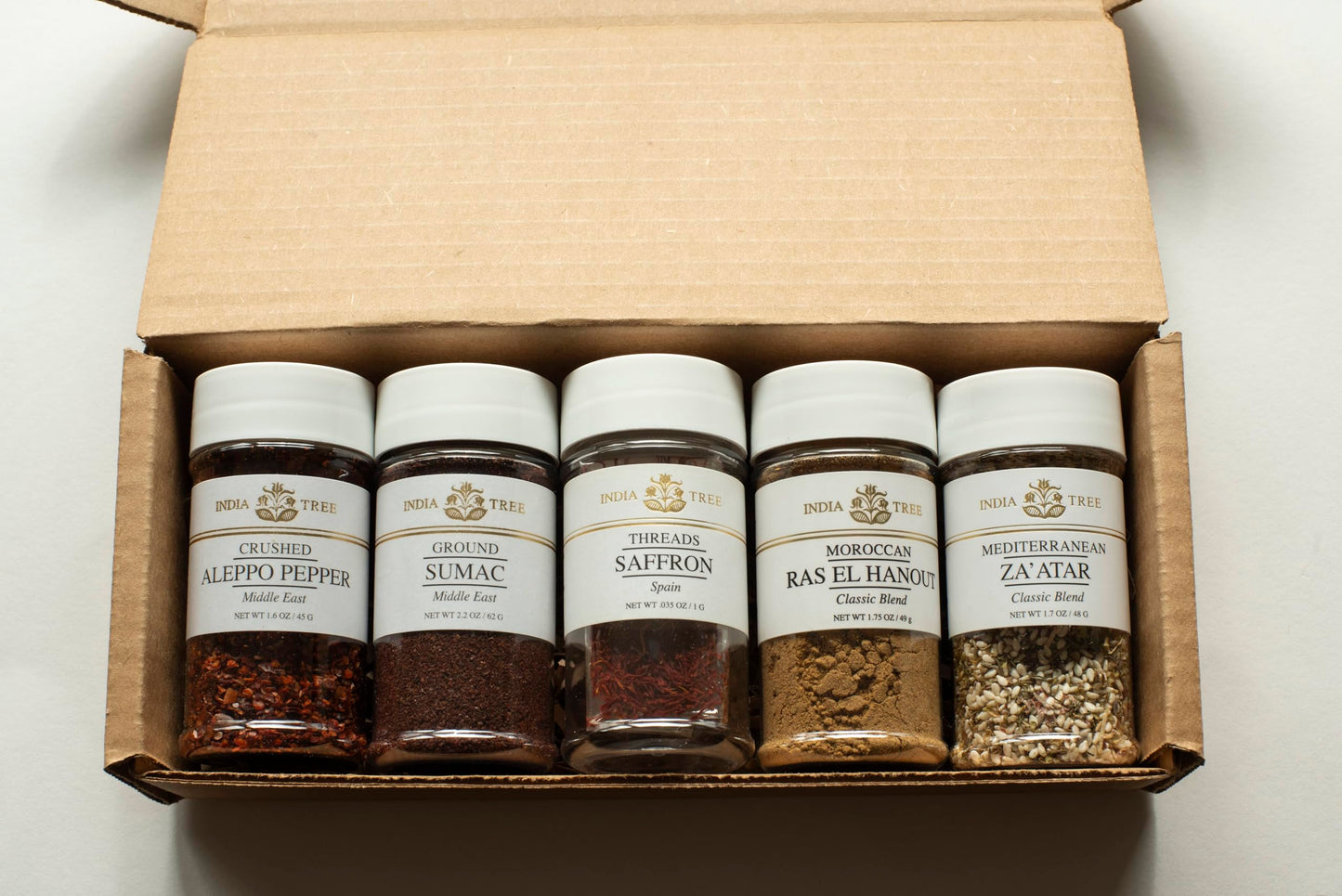 India Tree Mediterranean Spice Gift Pack - Aleppo Pepper  Sumac  Zaatar  Ras El Hanout  and Saffron - 7.37 Ounces Total