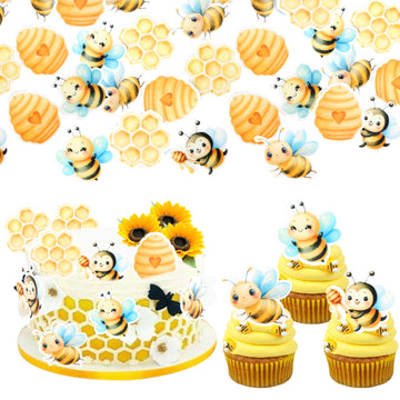 60 PCS Edible Bumble Bee Cupcake Toppers Waper Paper Honey Bee Cupcake Picks Edible Oh Babee Cupcake Decorations for Bee Theme B