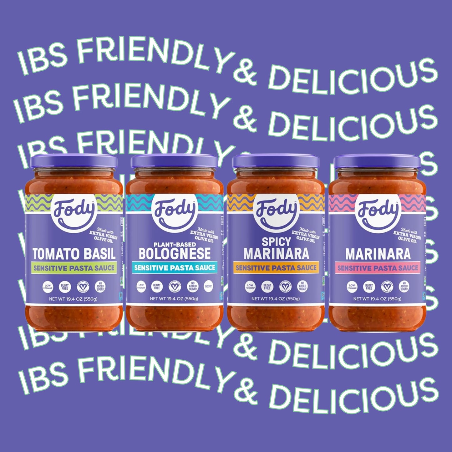 Fody Foods Pasta Sauce Variety Pack, 19.4 Oz (Pack of 4), Garlic and Onion Free, Low FODMAP Certified, Gut & IBS Friendly, Vegan