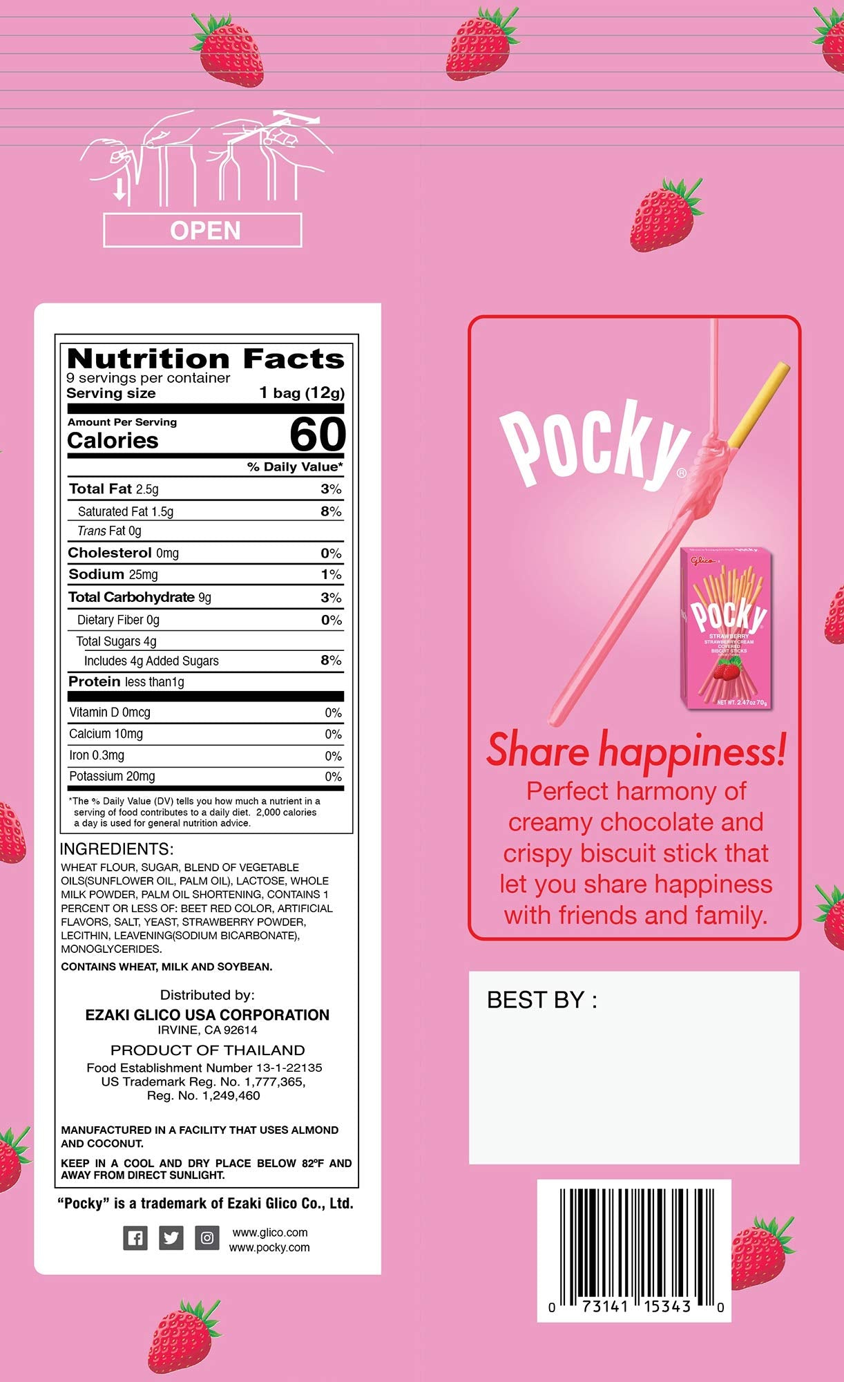 Glico Pocky, Strawberry Cream Covered Biscuit Sticks, 9 Individual Packs, 3.81 Ounce Bag - 5 Count Display Box