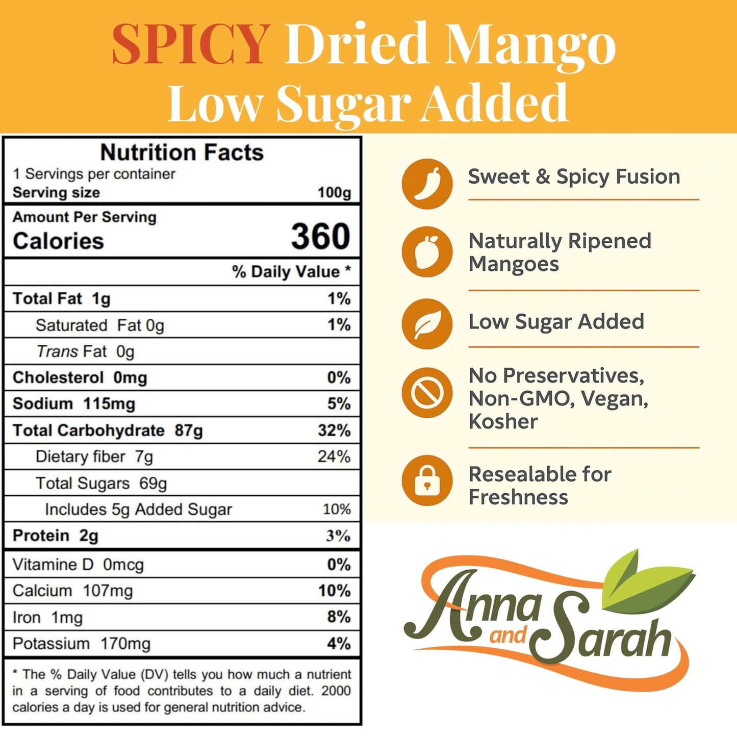 Low Sugar Added SPICY Dried Mango Slices 32 Oz - Delicious Texture Soft & Juicy Low Sugar Added Dried Mango - Naturally Ripened