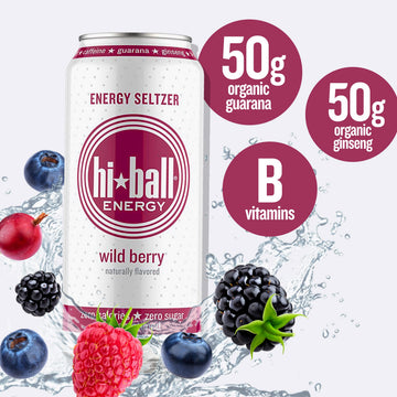 Hiball Clean Energy Drink - Wild Berry - Zero Sugar, 16 Fl Oz (8-Pack) - 160mg Organic Caffeine, 50mg Ginseng, 50mg Guarana