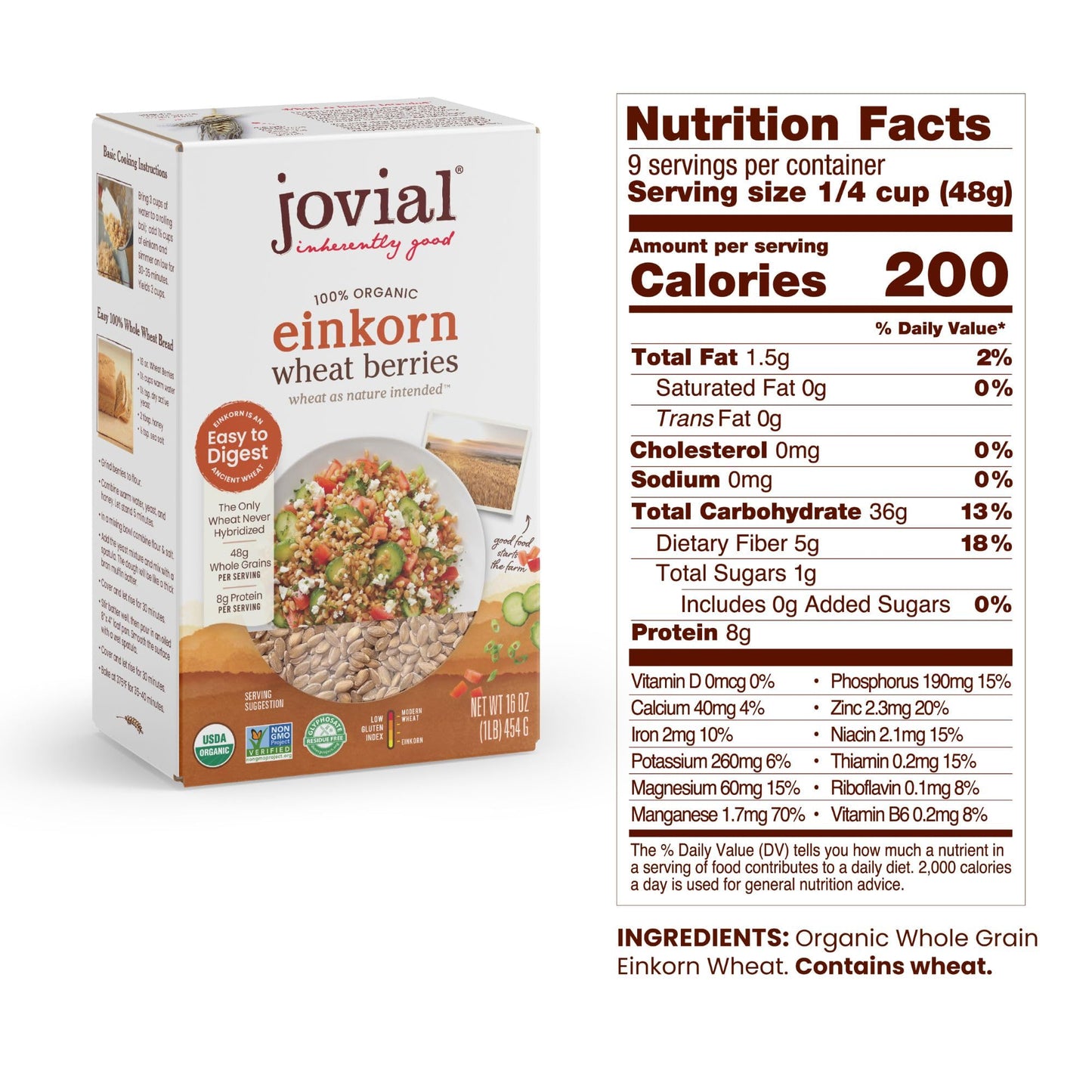 Jovial Einkorn Organic Wheat Berries, High Protein, Non-GMO, 16 Oz, 3 Pack